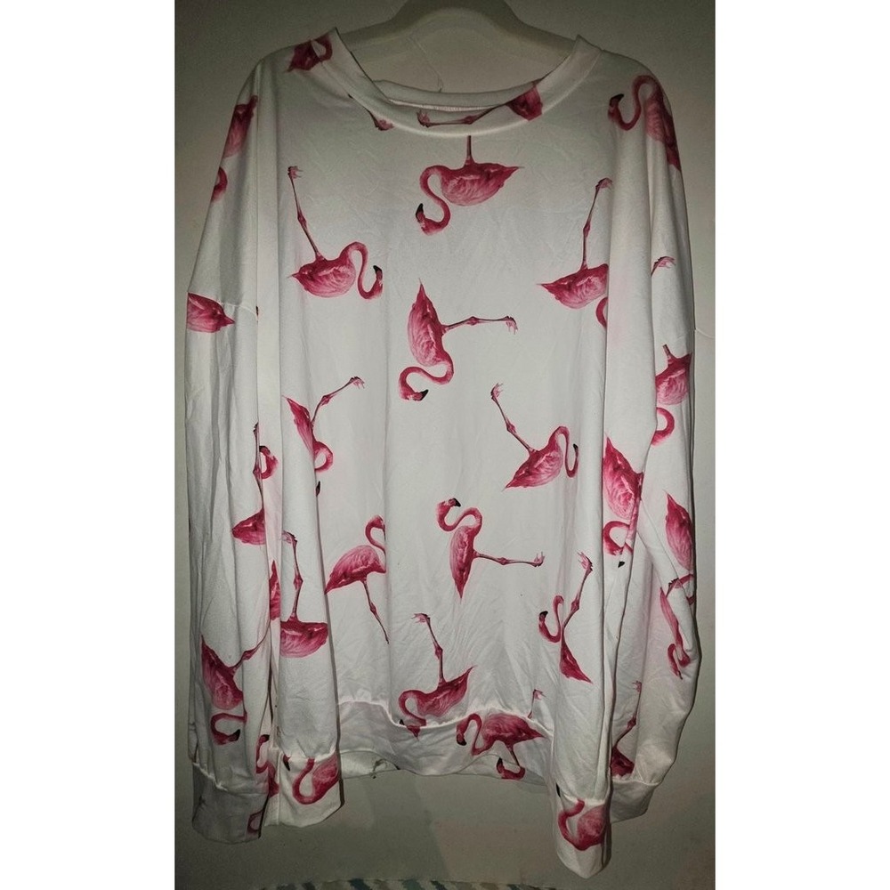 Unbranded Pink Flamingo Print Sweatshirt White Casual Long Sleeve Size S